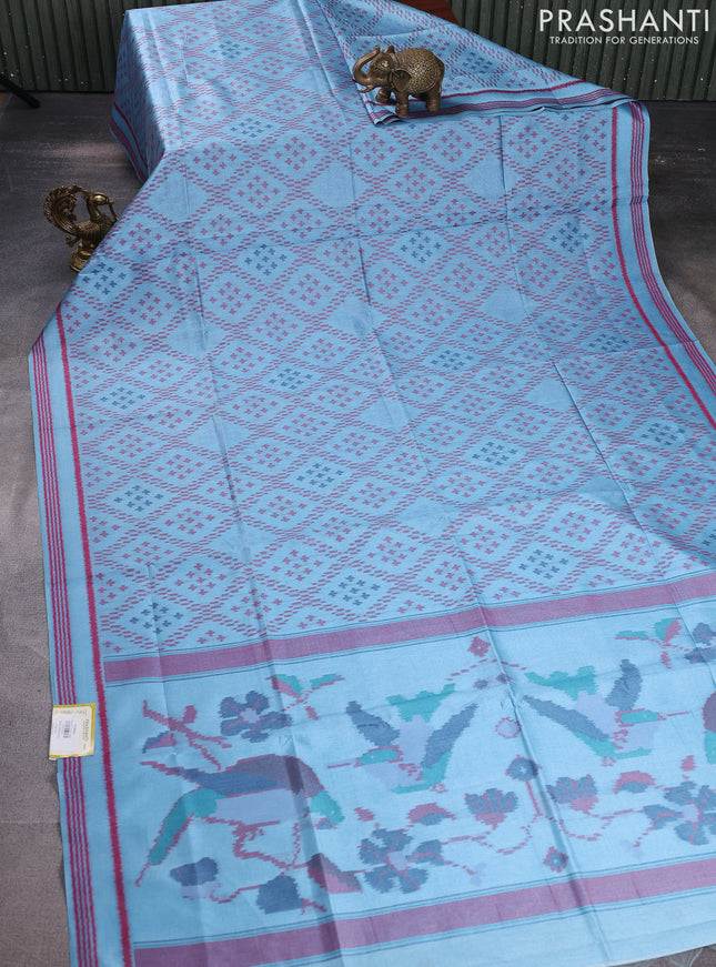 Sambalpuri semi silk saree light blue and pink with allover ikat weaves and rettapet thread woven border