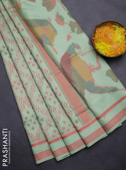 Sambalpuri semi silk saree pista green and peach shade with allover ikat weaves and rettapet thread woven border
