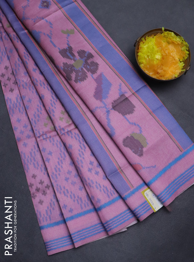 Sambalpuri semi silk saree mauve pink and blue with allover ikat weaves and rettapet thread woven border