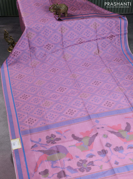 Sambalpuri semi silk saree mauve pink and blue with allover ikat weaves and rettapet thread woven border