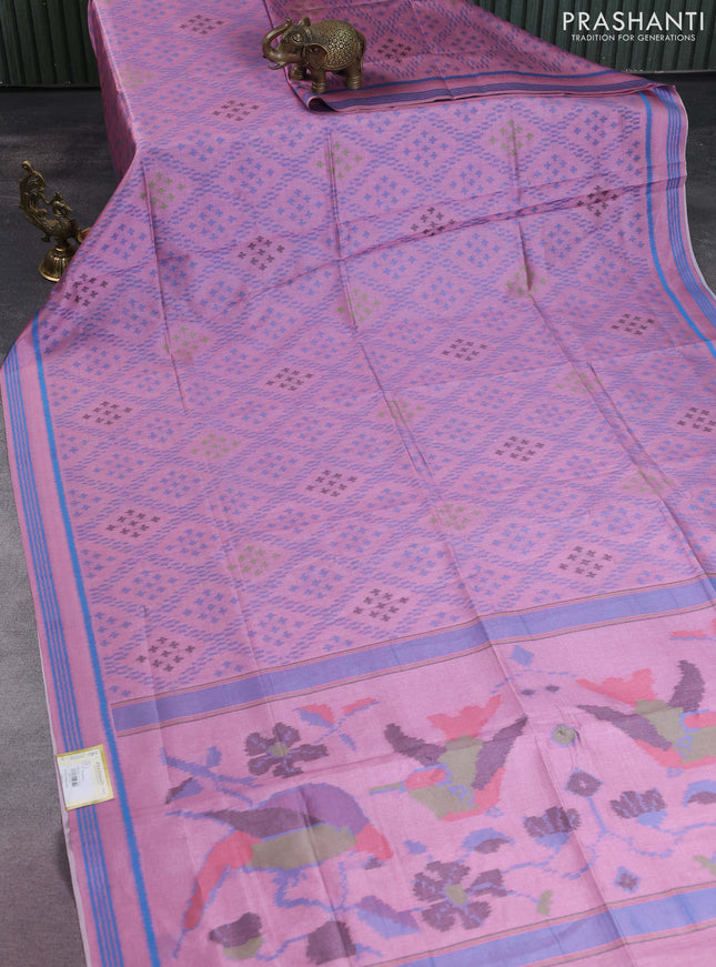 Sambalpuri semi silk saree mauve pink and blue with allover ikat weaves and rettapet thread woven border