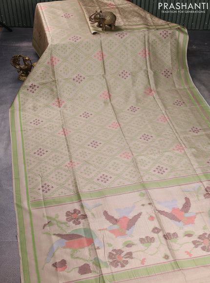 Sambalpuri semi silk saree sandal and light green with allover ikat weaves and rettapet thread woven border