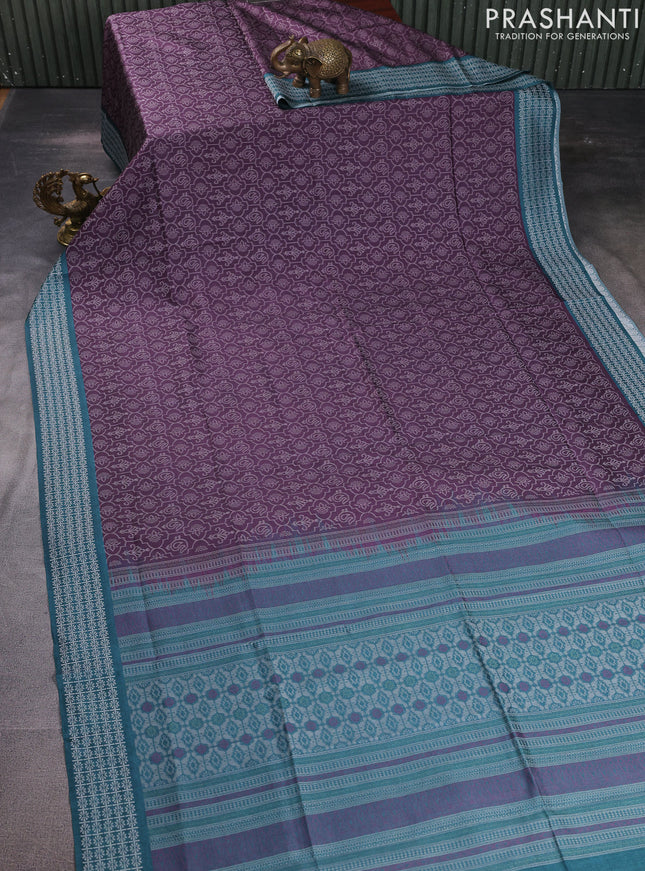 Sambalpuri semi silk saree wine shade and teal green with allover ikat weaves and thread woven border