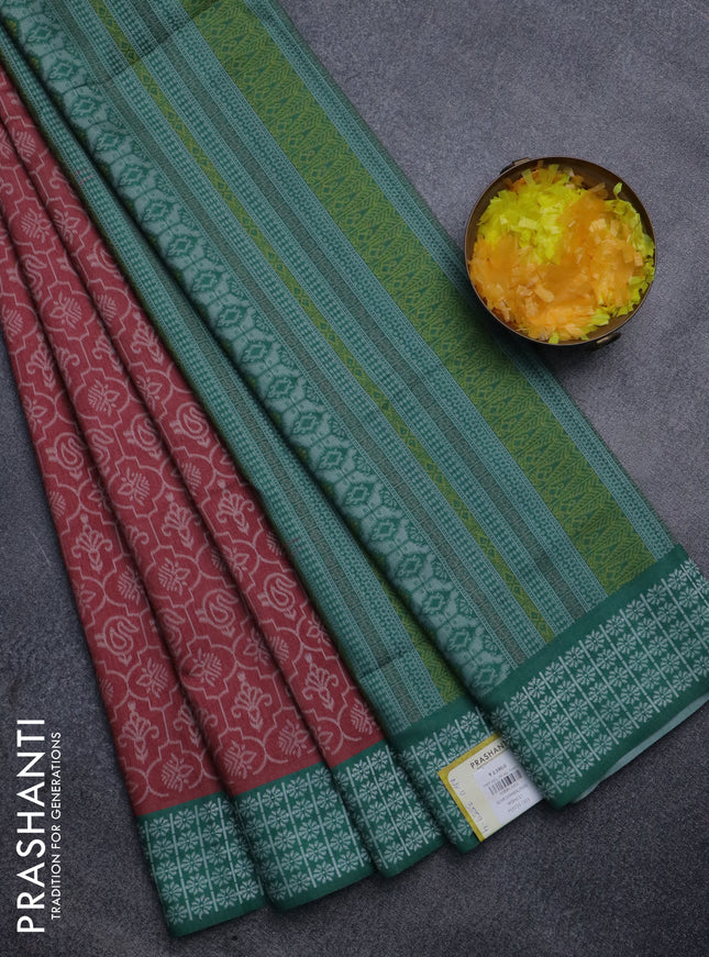 Sambalpuri semi silk saree maroon shade and green with allover ikat weaves and thread woven border