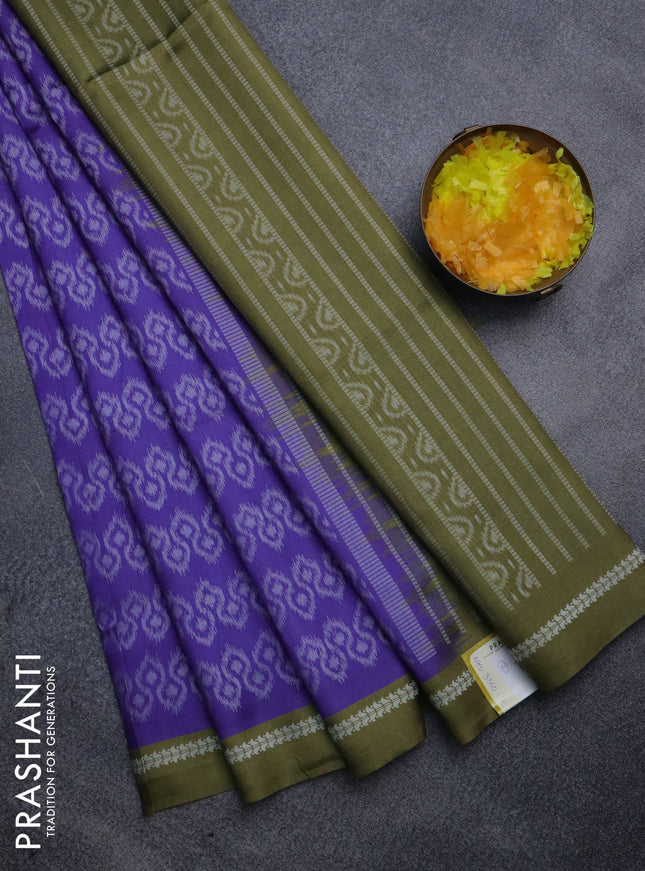 Sambalpuri semi silk saree violet and mehendi green with allover ikat weaves and thread woven border