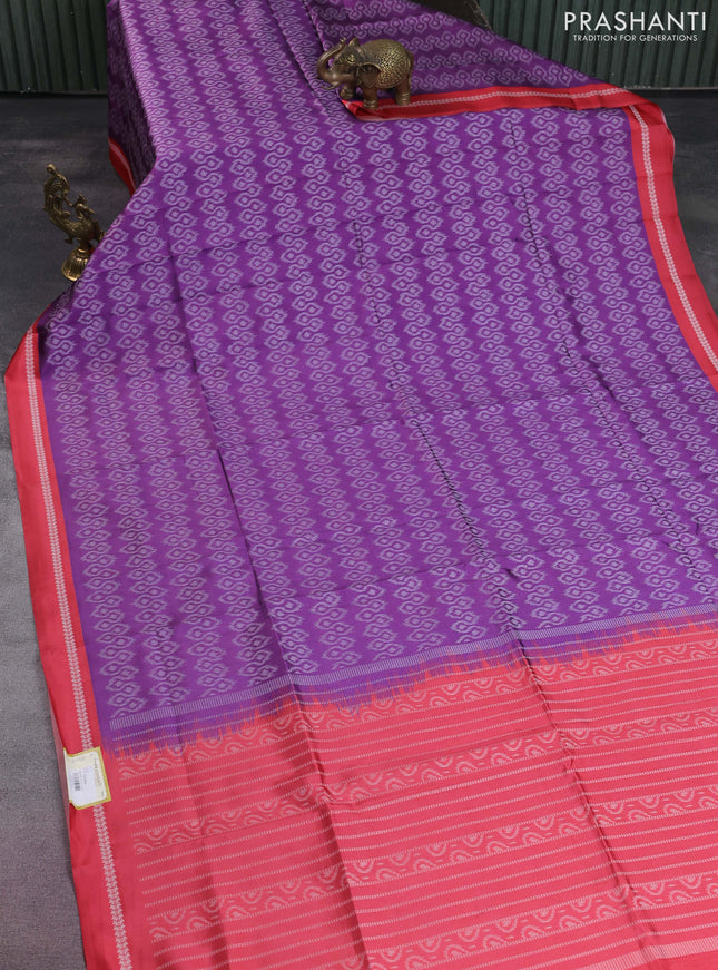 Sambalpuri semi silk saree purple and red with allover ikat weaves and thread woven border