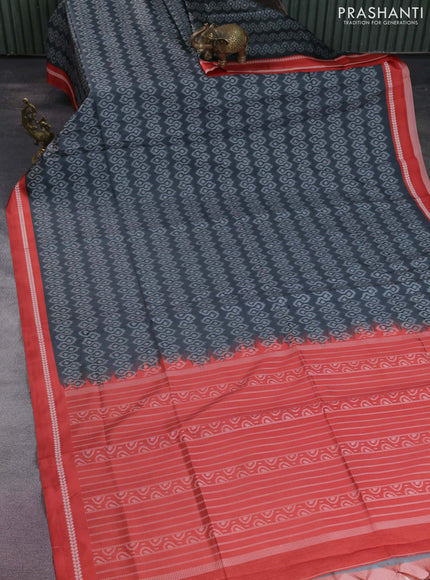 Sambalpuri semi silk saree greyish green and red shade with allover ikat weaves and thread woven border