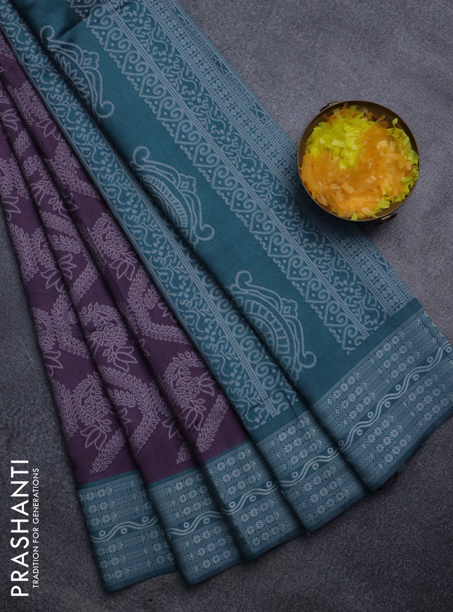 Sambalpuri semi silk saree wine shade and peacock green with allover ikat weaves and thread woven border