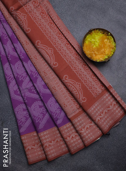 Sambalpuri semi silk saree purple and rustic orange with allover ikat weaves and thread woven border