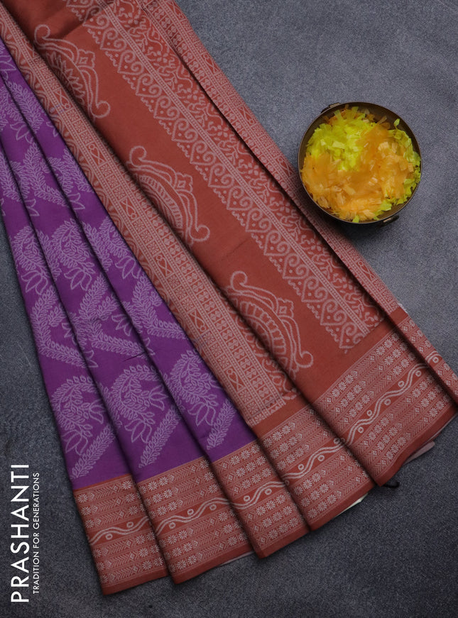 Sambalpuri semi silk saree purple and rustic orange with allover ikat weaves and thread woven border
