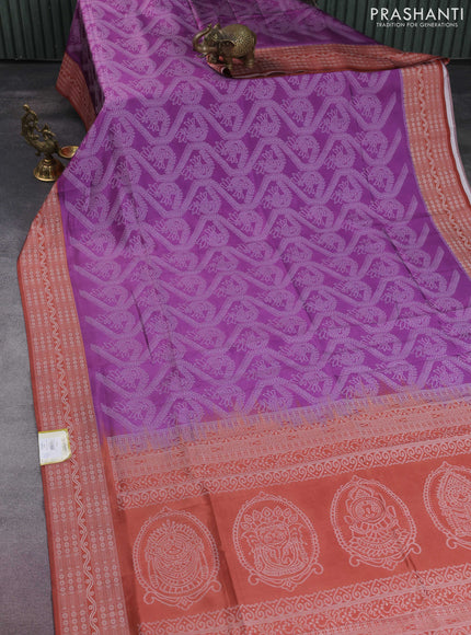 Sambalpuri semi silk saree purple and rustic orange with allover ikat weaves and thread woven border