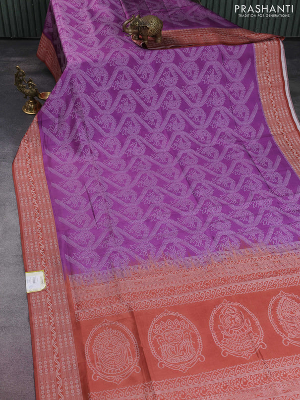 Sambalpuri semi silk saree purple and rustic orange with allover ikat weaves and thread woven border