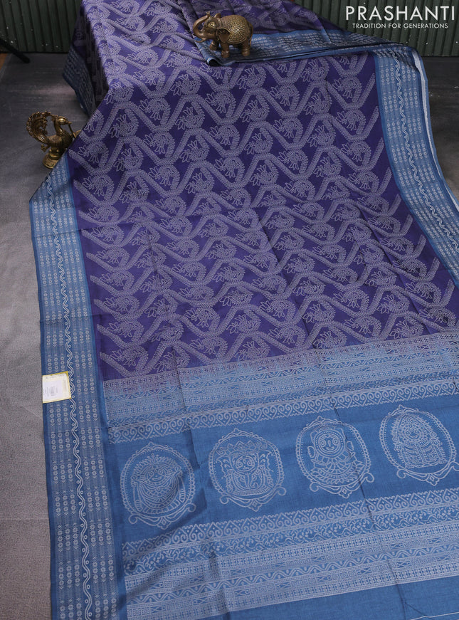 Sambalpuri semi silk saree dark blue and peacock blue with allover ikat weaves and thread woven border