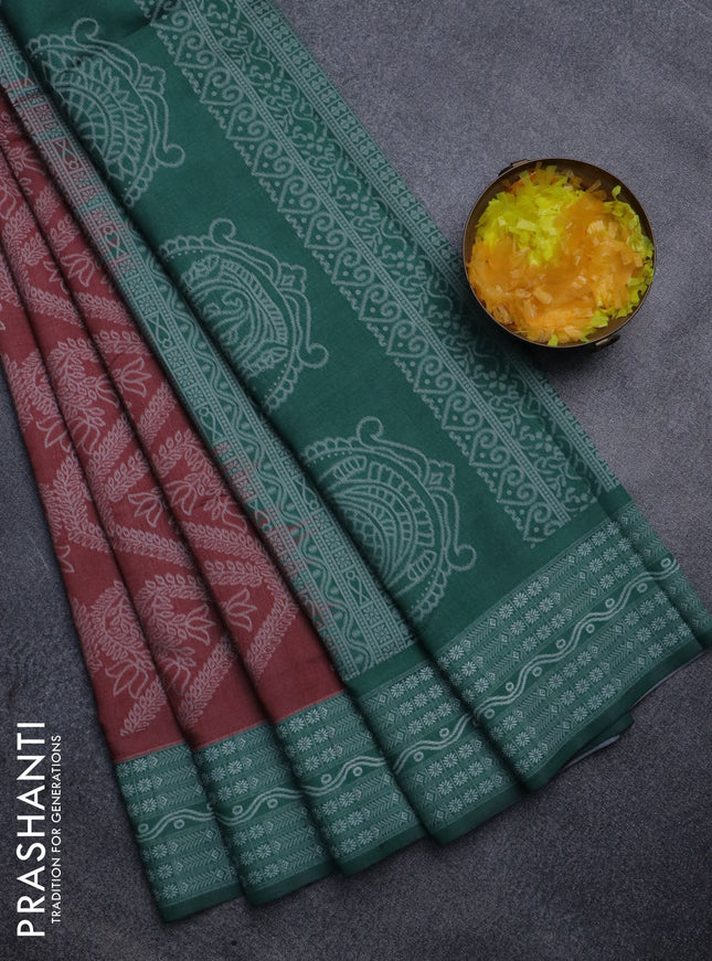 Sambalpuri semi silk saree rust shade and green with allover ikat weaves and thread woven border