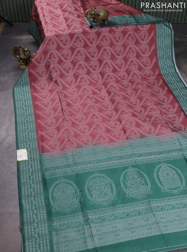 Sambalpuri semi silk saree rust shade and green with allover ikat weaves and thread woven border