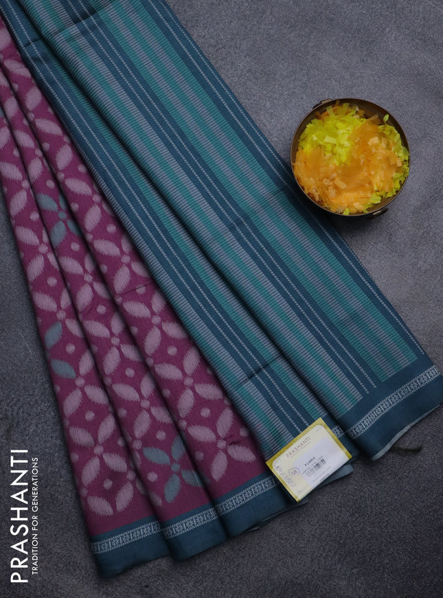 Sambalpuri semi silk saree mauve pink and peacock green with allover ikat weaves and thread woven border