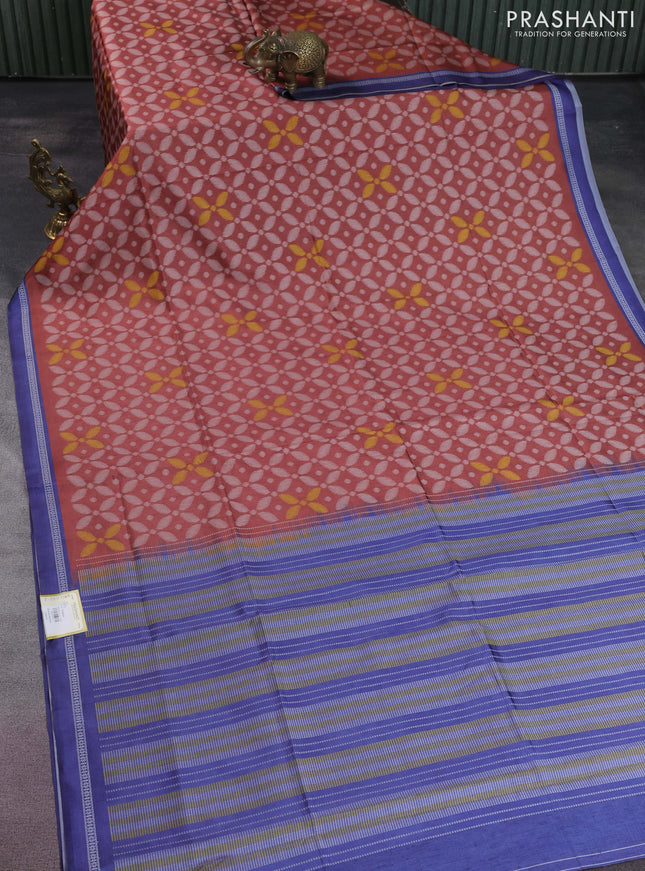Sambalpuri semi silk saree rust shade and blue with allover ikat weaves and thread woven border