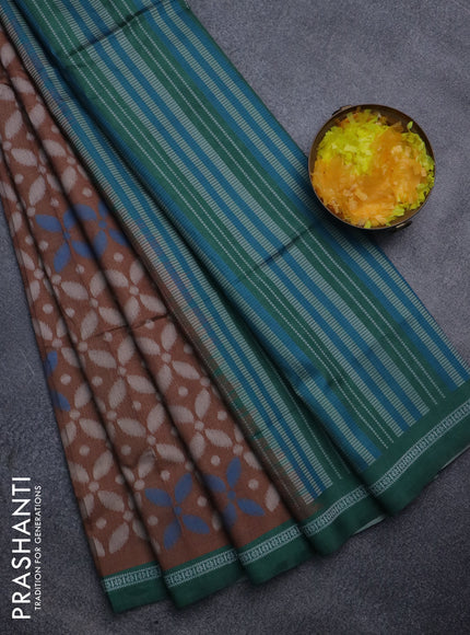 Sambalpuri semi silk saree brown shade and green with allover ikat weaves and thread woven border