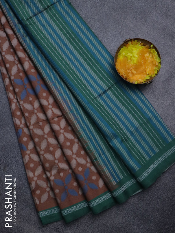 Sambalpuri semi silk saree brown shade and green with allover ikat weaves and thread woven border