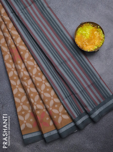 Sambalpuri semi silk saree dark mustard and elephant grey with allover ikat weaves and thread woven border