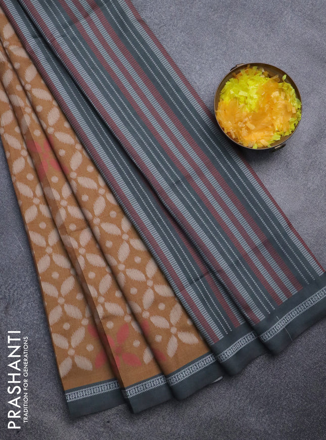 Sambalpuri semi silk saree dark mustard and elephant grey with allover ikat weaves and thread woven border