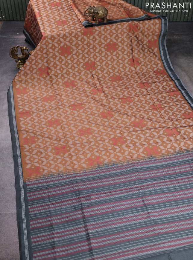 Sambalpuri semi silk saree dark mustard and elephant grey with allover ikat weaves and thread woven border