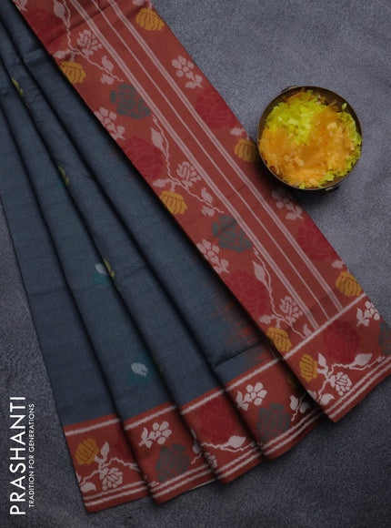 Sambalpuri semi silk saree elephant grey and rust shade with ikat butta weaves and thread woven border