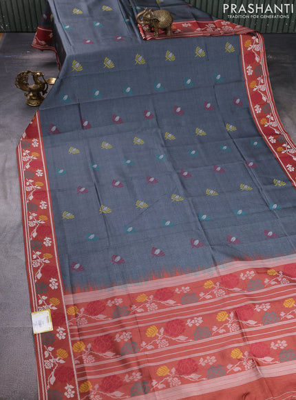 Sambalpuri semi silk saree elephant grey and rust shade with ikat butta weaves and thread woven border
