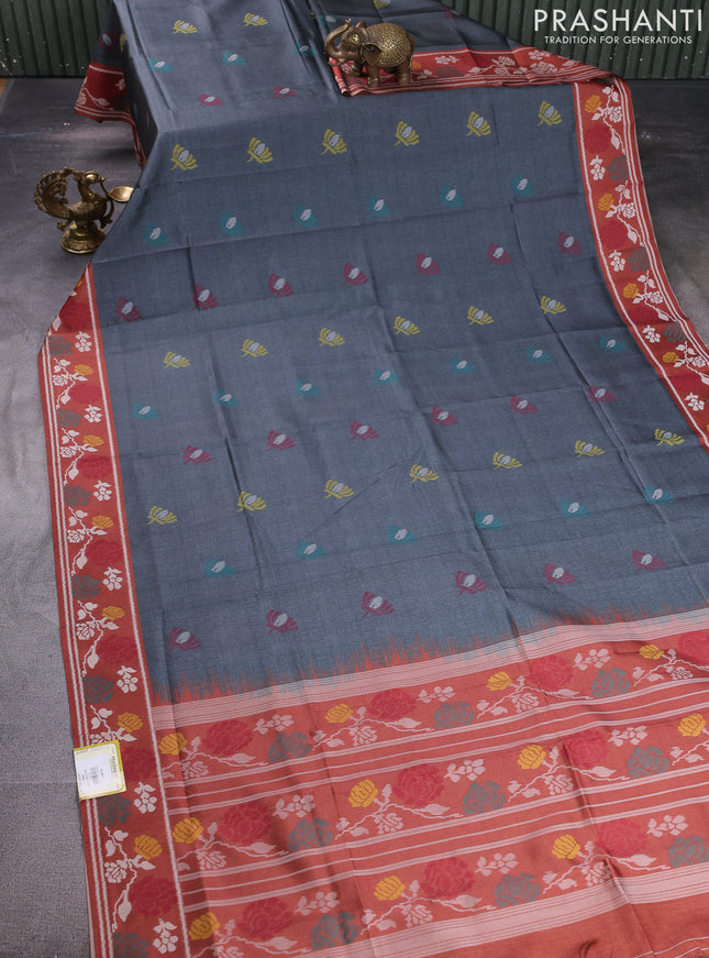 Sambalpuri semi silk saree elephant grey and rust shade with ikat butta weaves and thread woven border