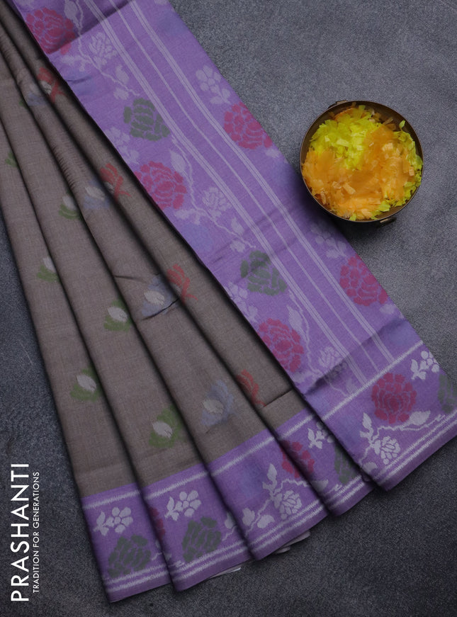 Sambalpuri semi silk saree brown shade and lavender with ikat butta weaves and thread woven border