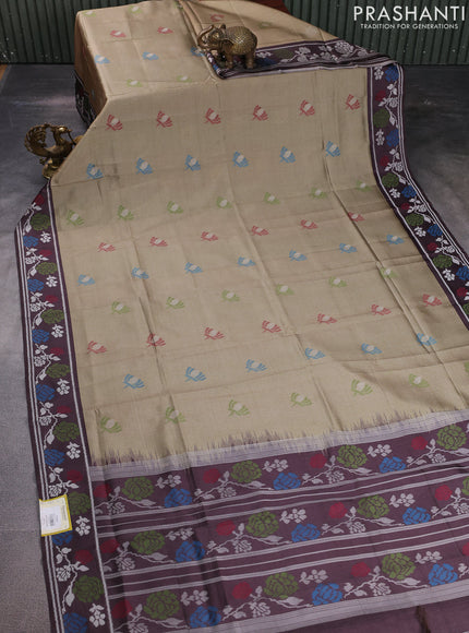 Sambalpuri semi silk saree sandal and brown with ikat butta weaves and thread woven border