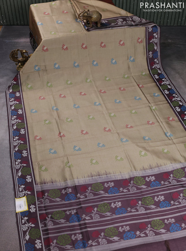 Sambalpuri semi silk saree sandal and brown with ikat butta weaves and thread woven border