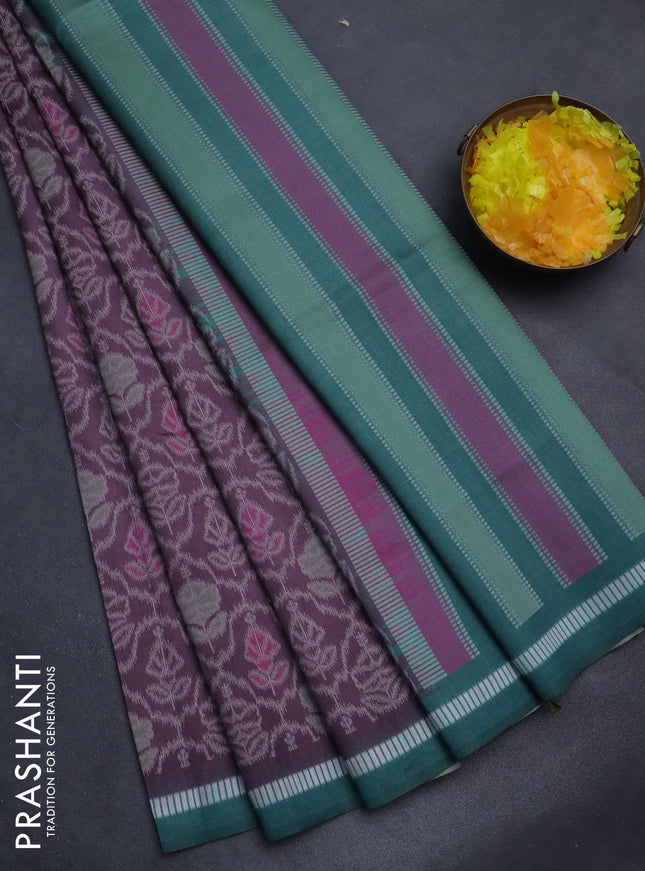 Sambalpuri semi silk saree pastel wine shade and peacock green with allover ikat weaves and thread woven border