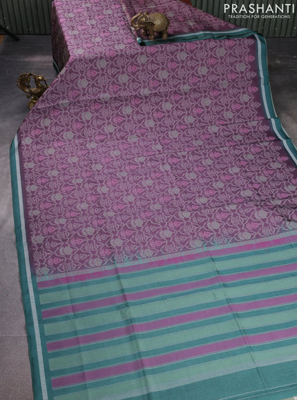 Sambalpuri semi silk saree pastel wine shade and peacock green with allover ikat weaves and thread woven border