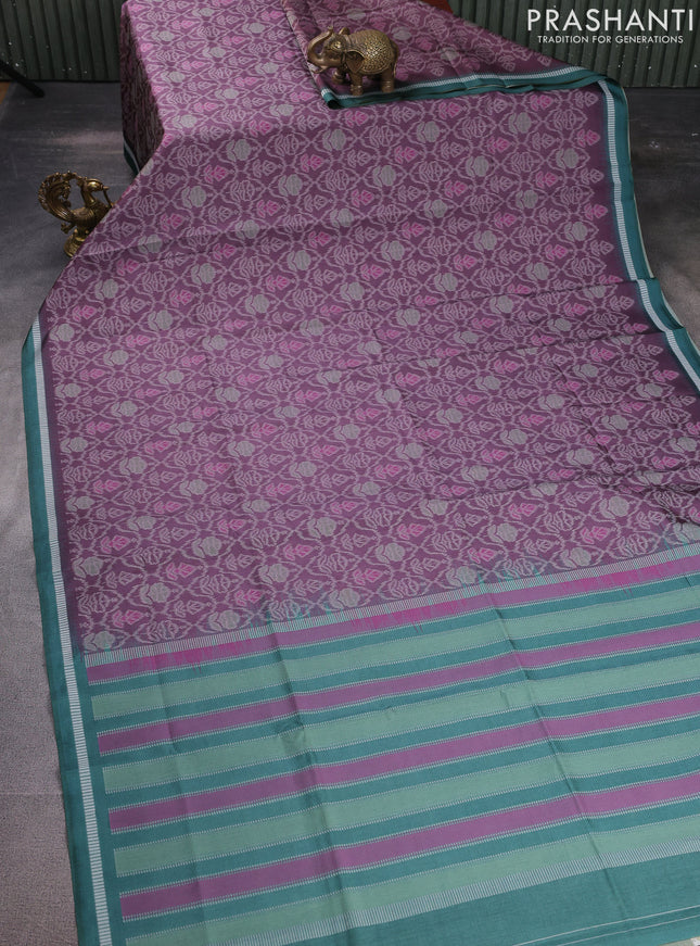 Sambalpuri semi silk saree pastel wine shade and peacock green with allover ikat weaves and thread woven border