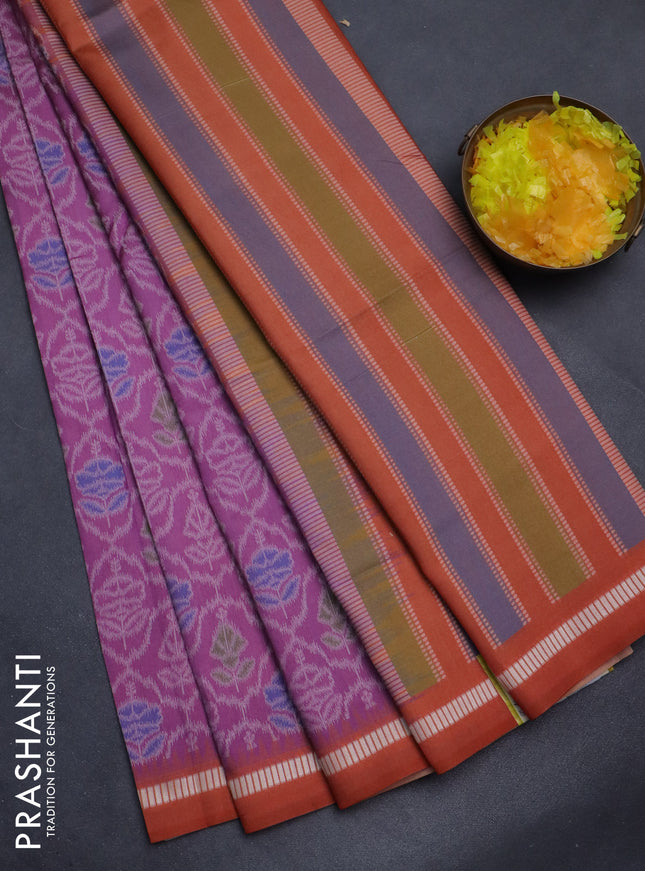 Sambalpuri semi silk saree mauve pink and orange with allover ikat weaves and thread woven border