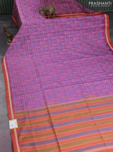 Sambalpuri semi silk saree mauve pink and orange with allover ikat weaves and thread woven border