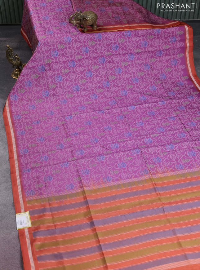 Sambalpuri semi silk saree mauve pink and orange with allover ikat weaves and thread woven border