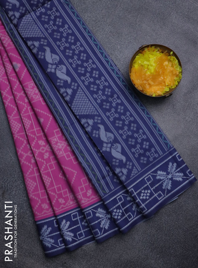 Sambalpuri semi silk saree pink and dark blue with allover ikat weaves and thread woven border