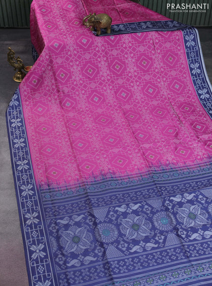 Sambalpuri semi silk saree pink and dark blue with allover ikat weaves and thread woven border