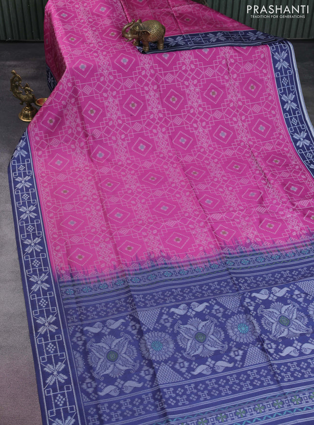 Sambalpuri semi silk saree pink and dark blue with allover ikat weaves and thread woven border