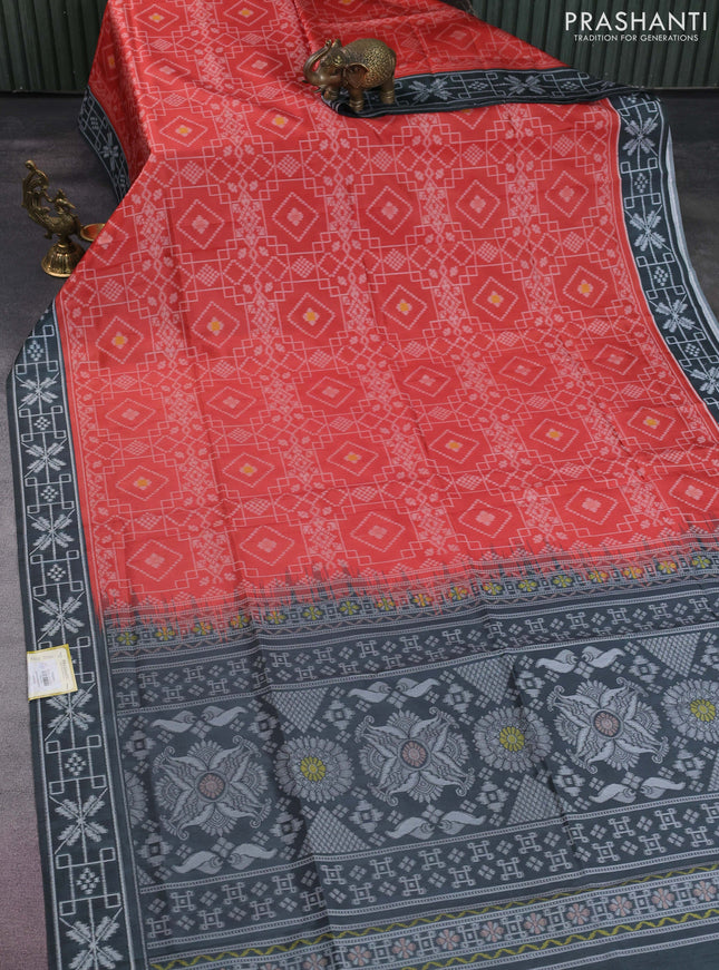 Sambalpuri semi silk saree orange and elephant grey with allover ikat weaves and thread woven border