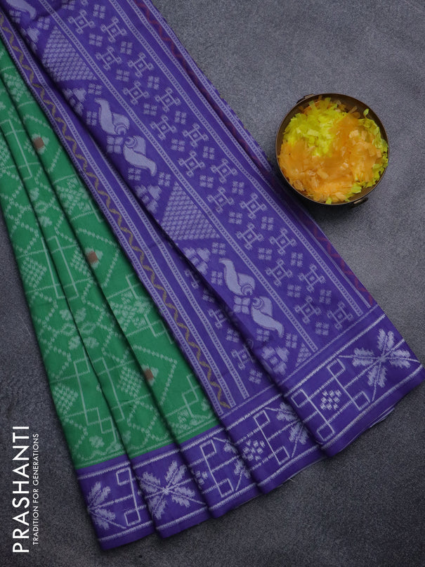 Sambalpuri semi silk saree green and violet with allover ikat weaves and thread woven border