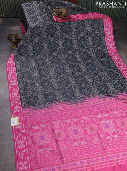 Sambalpuri semi silk saree elephant grey and pink with allover ikat weaves and thread woven border