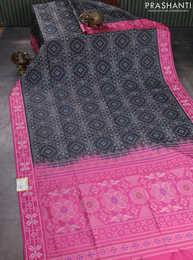 Sambalpuri semi silk saree elephant grey and pink with allover ikat weaves and thread woven border