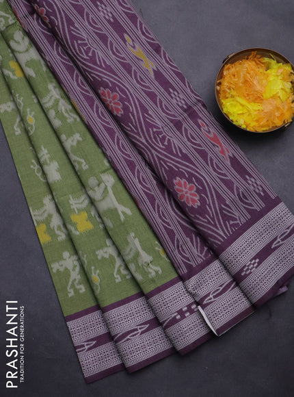 Sambalpuri semi silk saree sap green and wine shade with allover warli ikat weaves and thread woven border