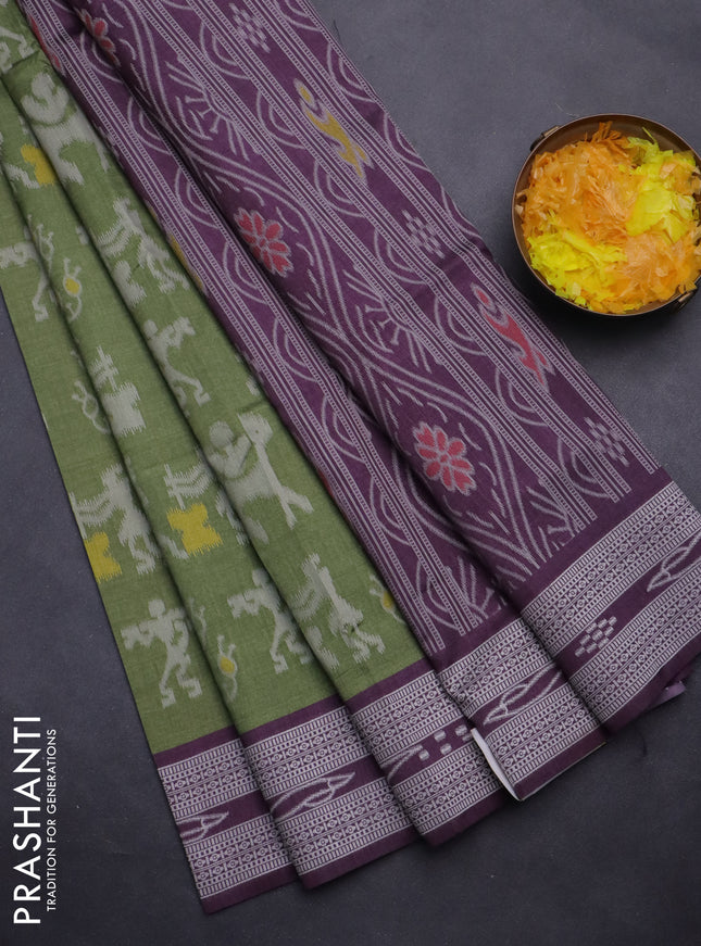 Sambalpuri semi silk saree sap green and wine shade with allover warli ikat weaves and thread woven border
