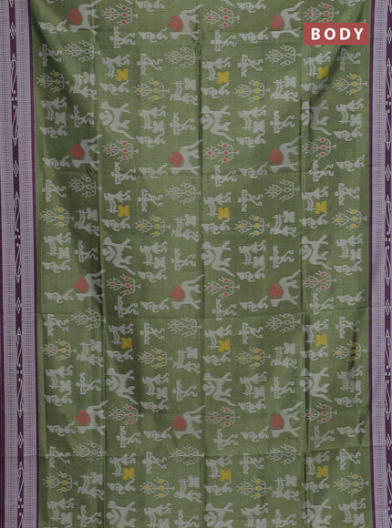 Sambalpuri semi silk saree sap green and wine shade with allover warli ikat weaves and thread woven border