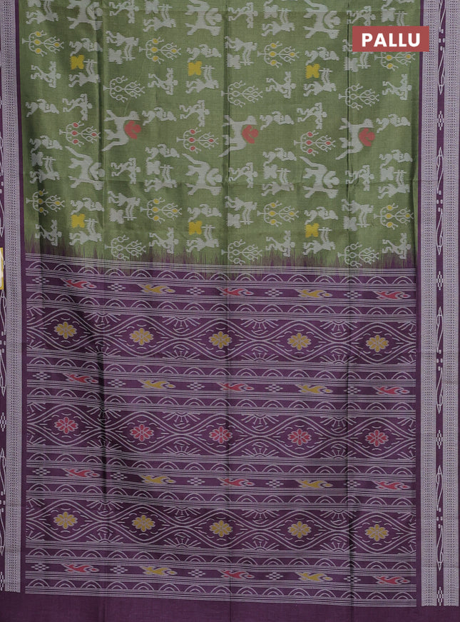 Sambalpuri semi silk saree sap green and wine shade with allover warli ikat weaves and thread woven border