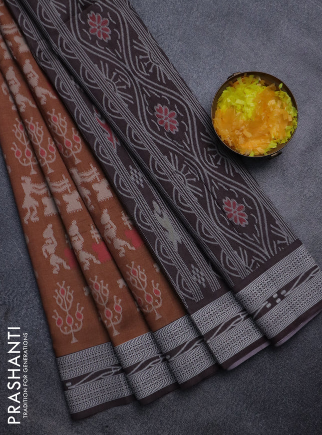 Sambalpuri semi silk saree brown and coffee brown with allover warli ikat weaves and thread woven border